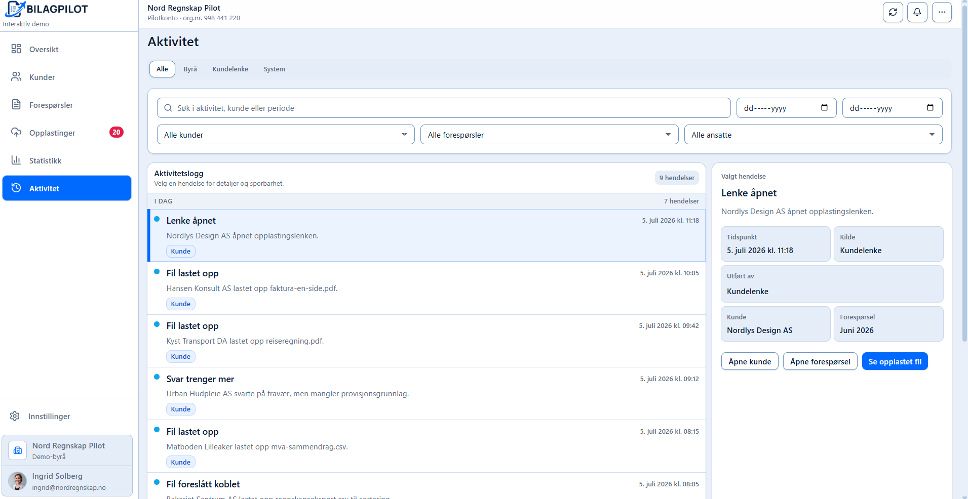 BilagPilot activity log with event details.