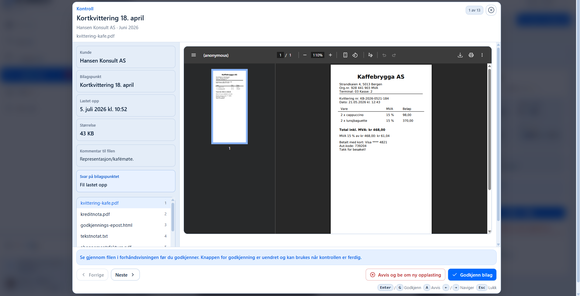 BilagPilot control modal for reviewing and approving receipts.