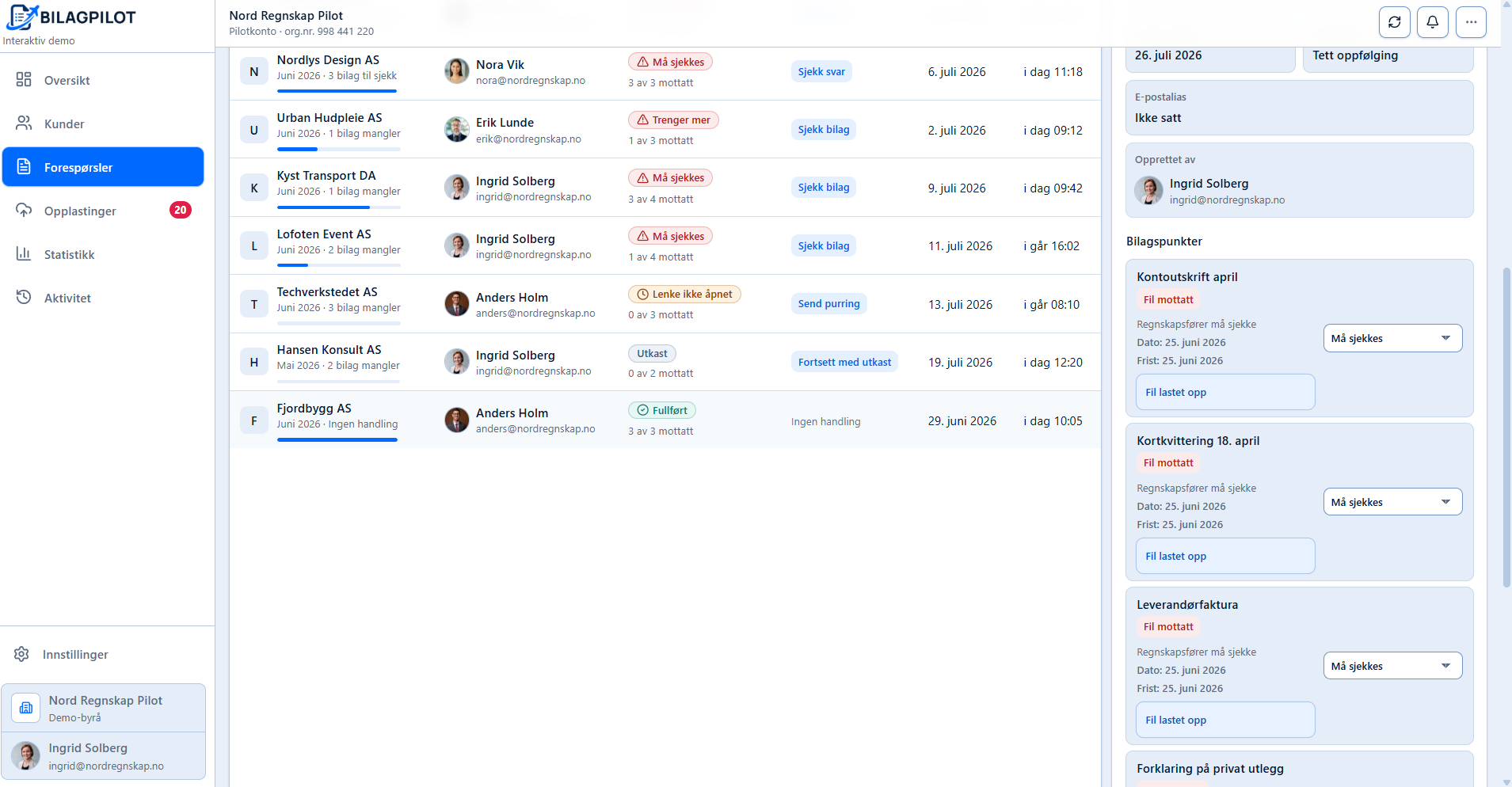 BilagPilot request with receipt items and upload status.