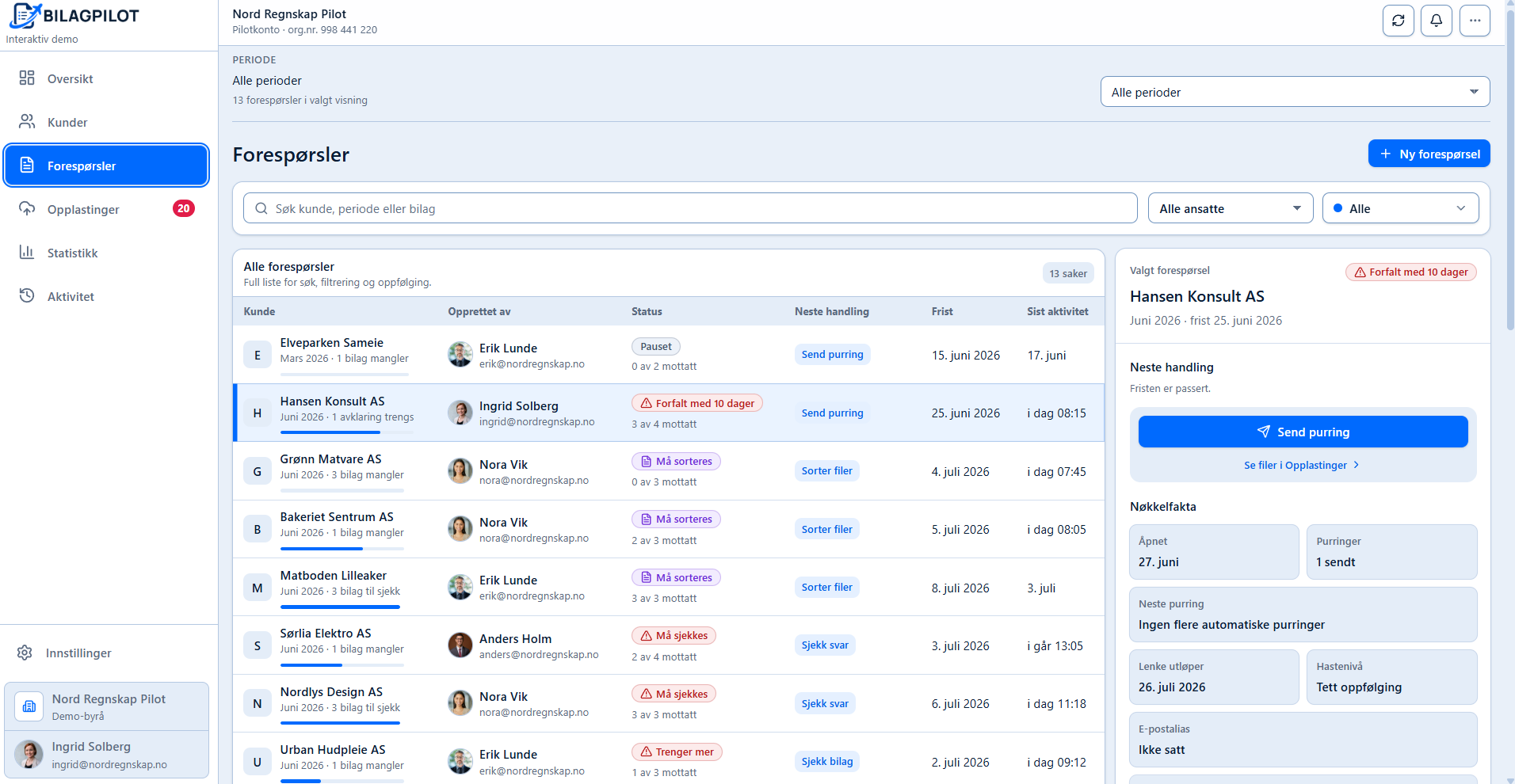 BilagPilot requests with selected request and key facts.