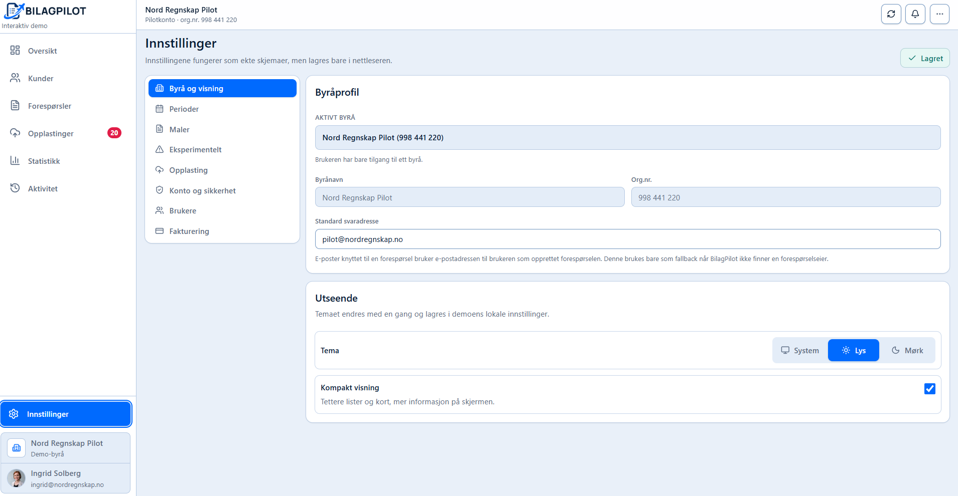 BilagPilot settings for firm profile and appearance.