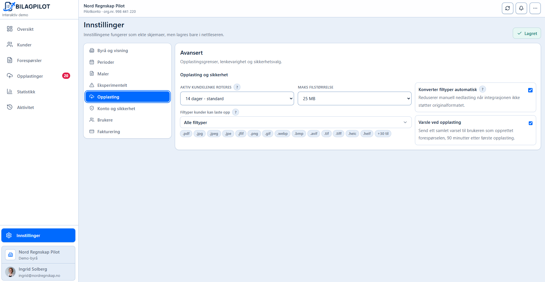 BilagPilot upload settings with file types and notification.