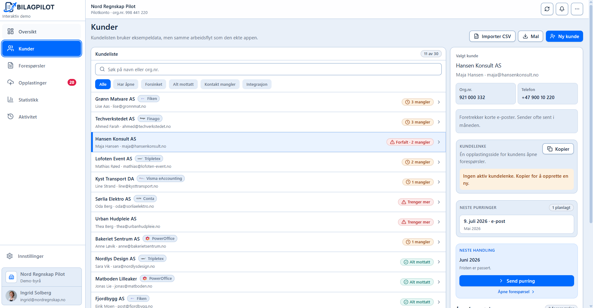 BilagPilot client list with selected client and next reminders.