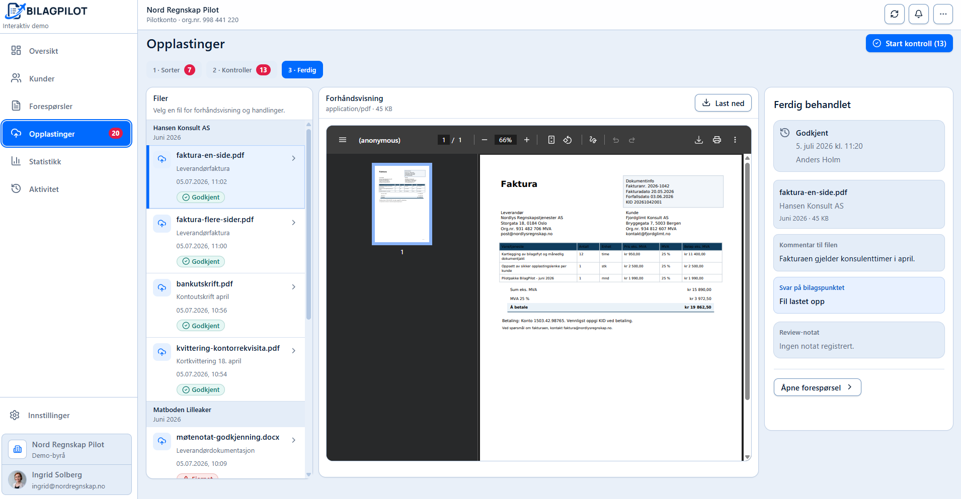 BilagPilot uploads with file overview and preview.